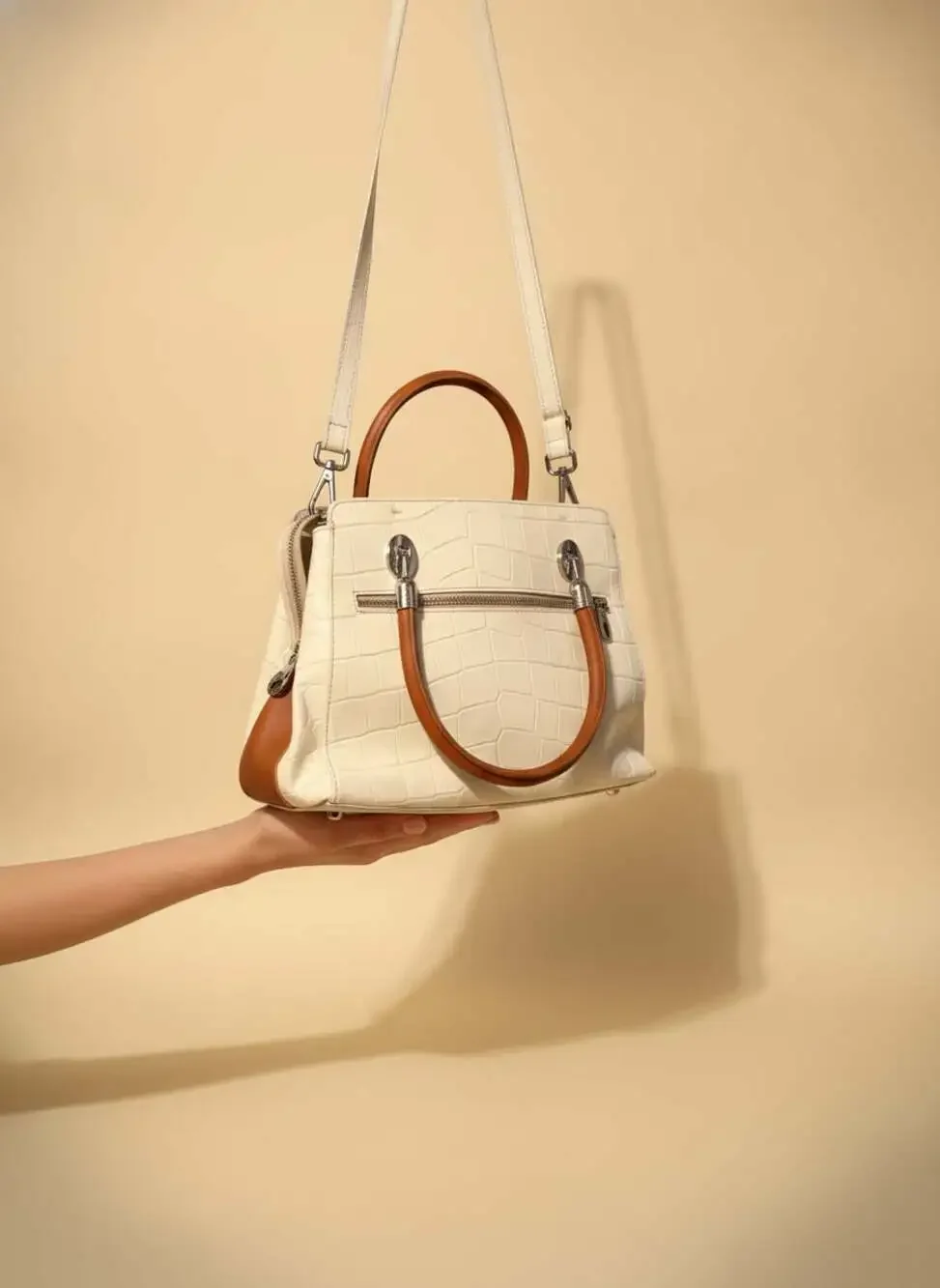Valentina Made in Italy White Croc-Embossed Leather Satchel with Tan Trim